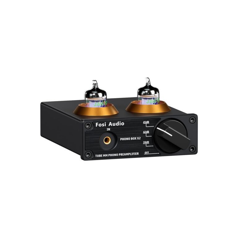 Black Fosi Audio tube preamp with two tubes and a volume knob