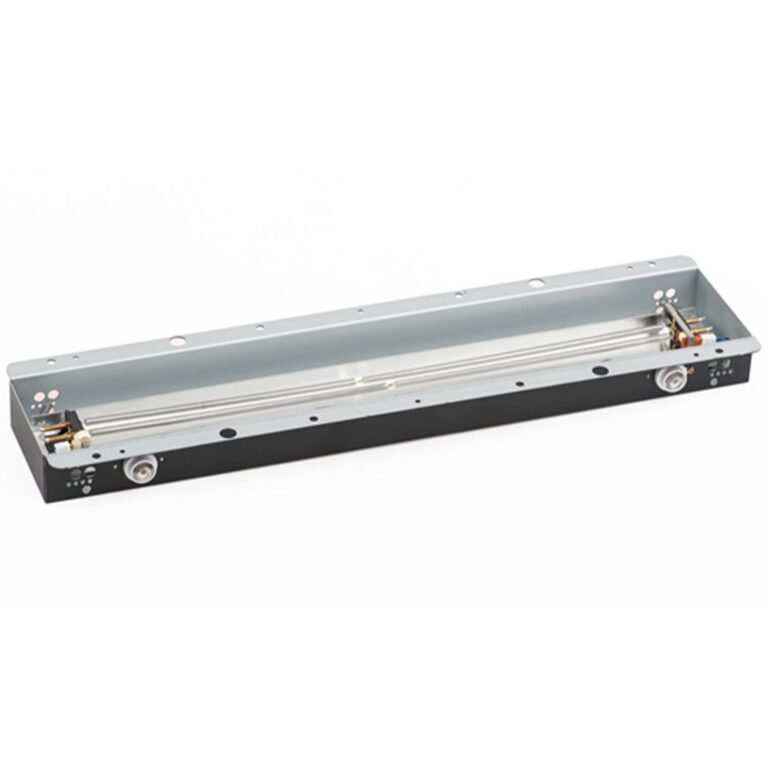 Metal rectangular device with two parallel tubes and electrical components