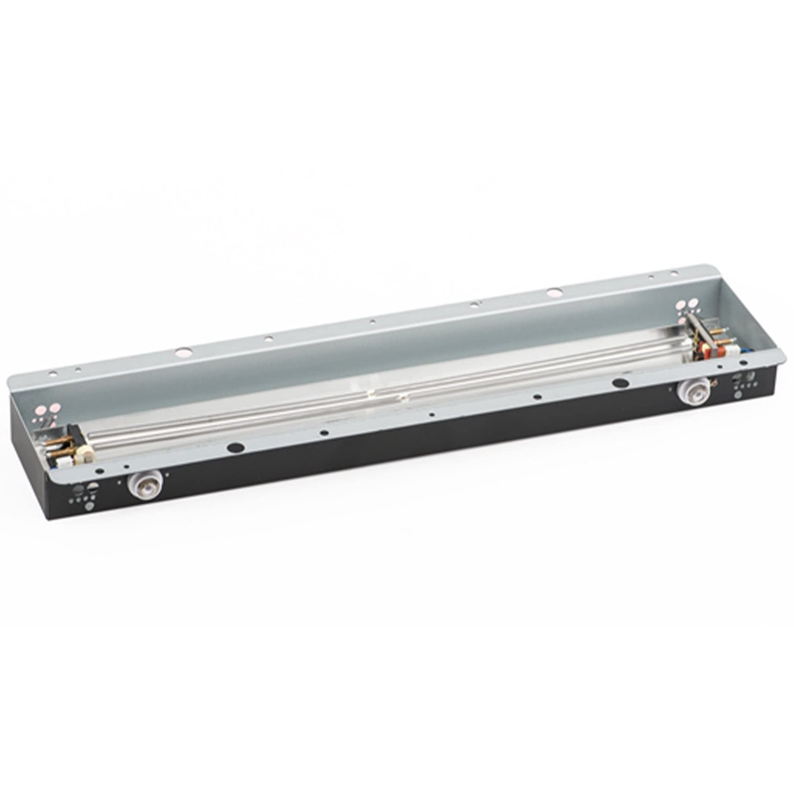 Metal rectangular device with two parallel tubes and electrical components