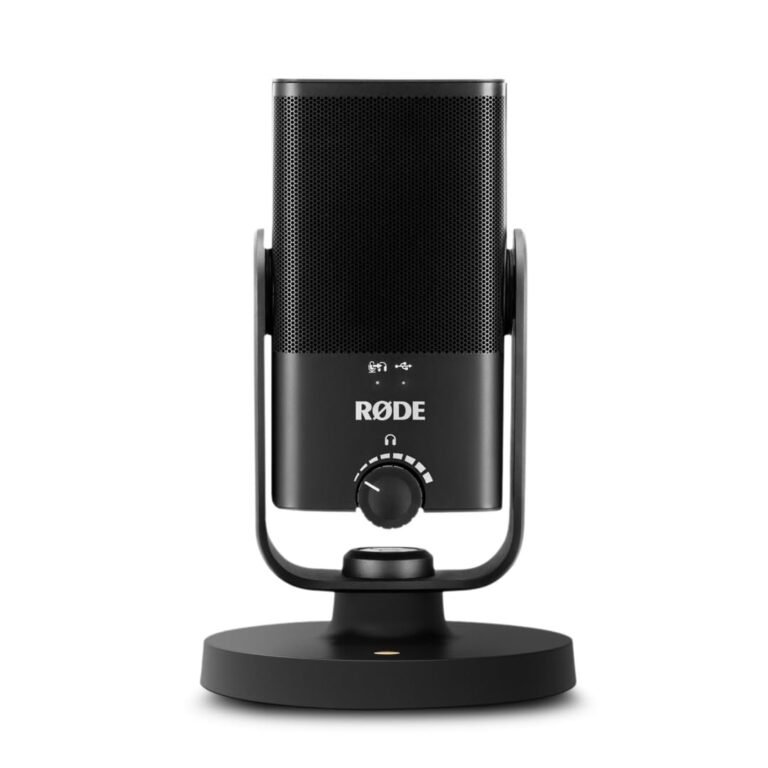 Black RØDE USB microphone on a stand, isolated on a white background