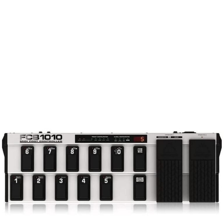Black and white FCB1010 MIDI foot controller with numbered foot switches and expression pedals