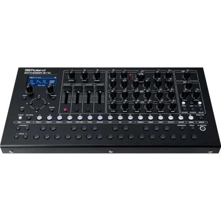 Black Roland SH-4d synthesizer with knobs, sliders, buttons, and a small display screen