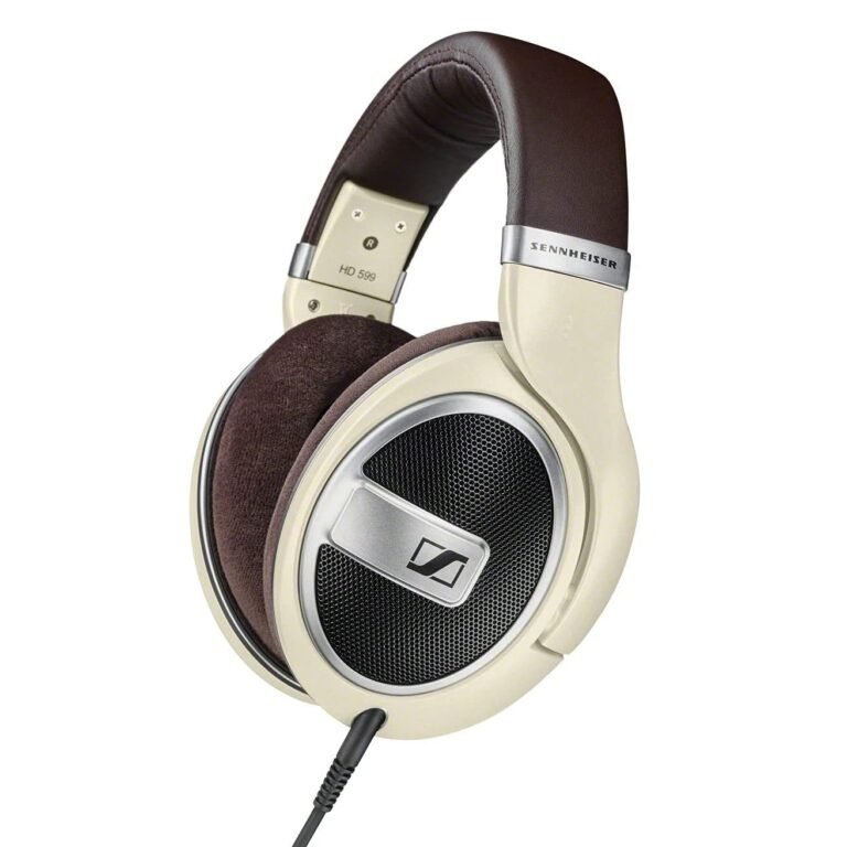 Sennheiser HD 599 headphones, cream and brown, with a black mesh speaker