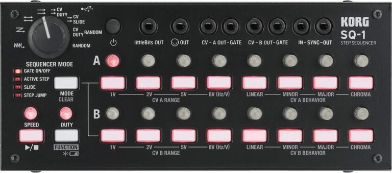 Korg SQ-1 step sequencer with knobs, buttons, and red lights on a black panel
