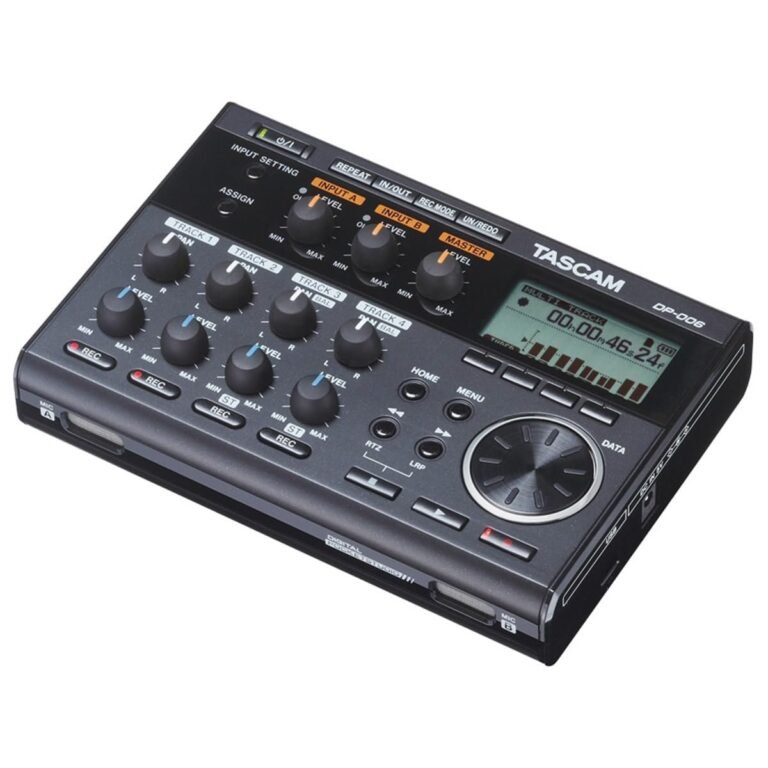 Black Tascam DP-006 digital audio recorder with knobs, buttons, and display
