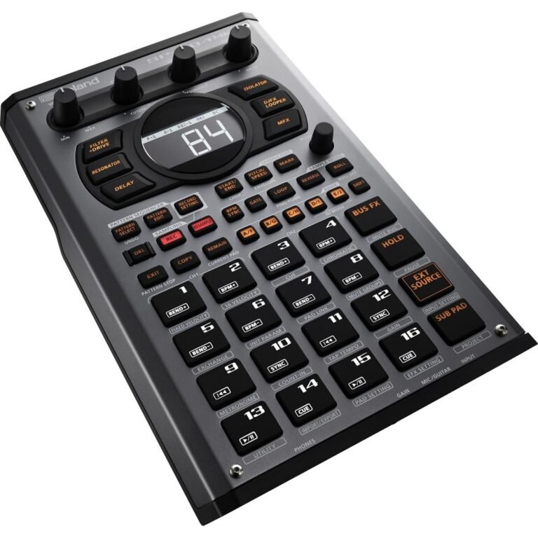 Black and gray Roland SP-404MKII sampler with buttons, knobs, and display showing "84"