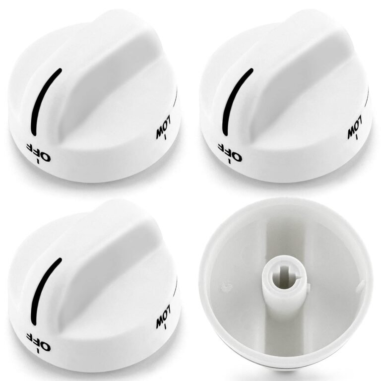 Four white stove knobs with "OFF" and "LOW" markings, one showing the inside