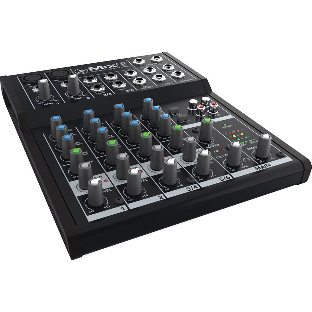 Black audio mixer with knobs, buttons, and input/output ports