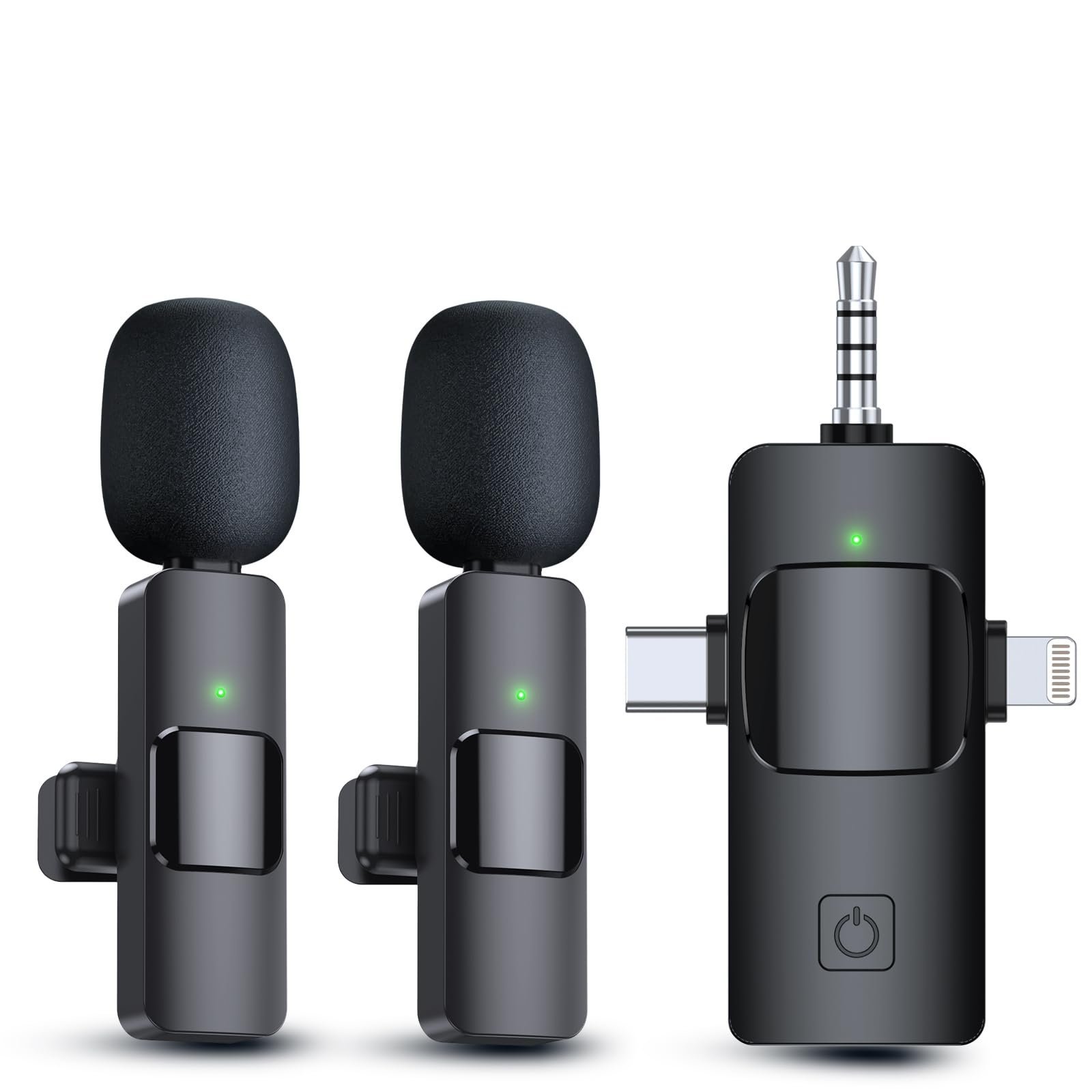 Wireless microphone set with multiple connection options and power button
