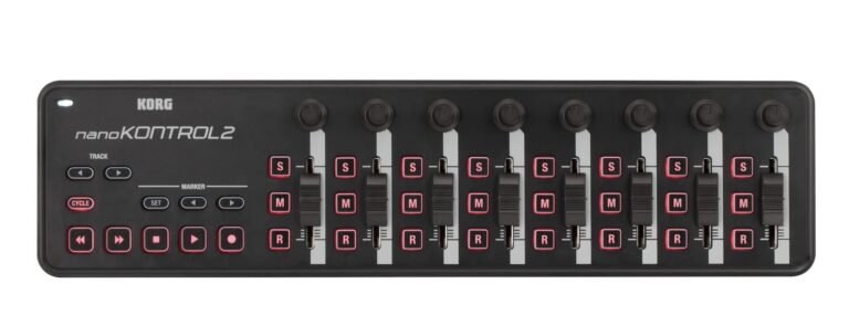 Black Korg nanoKONTROL2 MIDI controller with faders, knobs, and transport controls