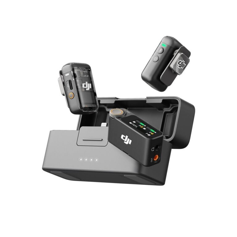 DJI wireless microphone system with charging case and three transmitters