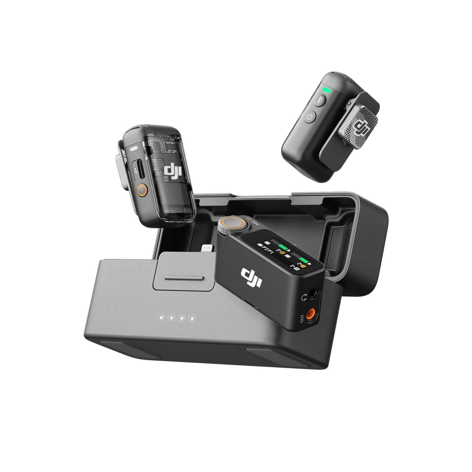 DJI wireless microphone system with charging case and three transmitters