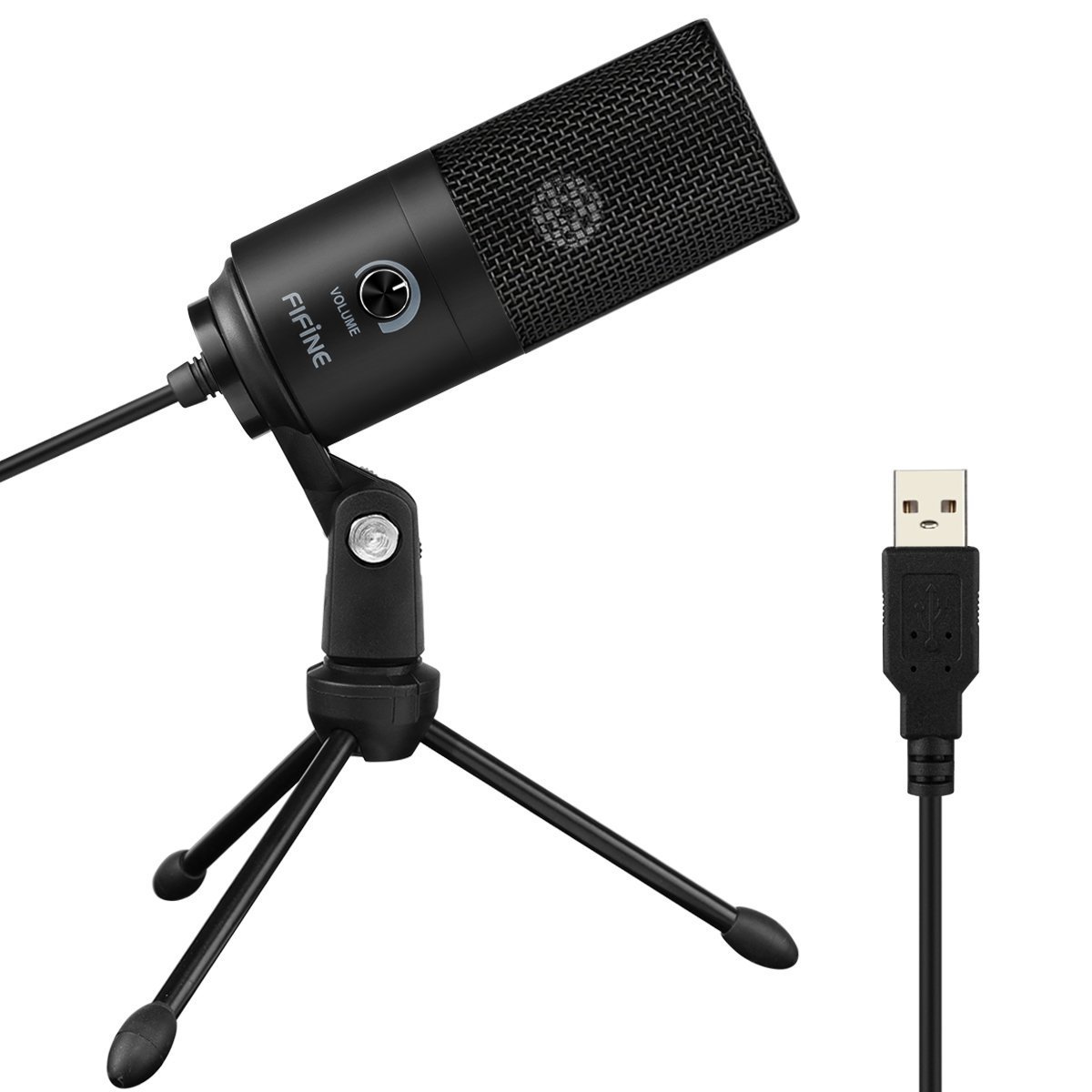 Black Fifine USB microphone on a tripod stand with a USB cable