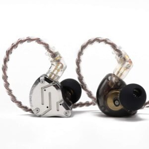 Pair of in-ear monitors with clear cables and black ear tips