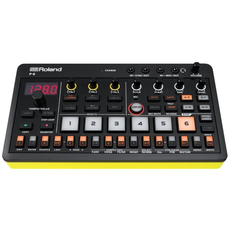 Black and yellow Roland P-6 synthesizer with buttons, knobs, and a digital display