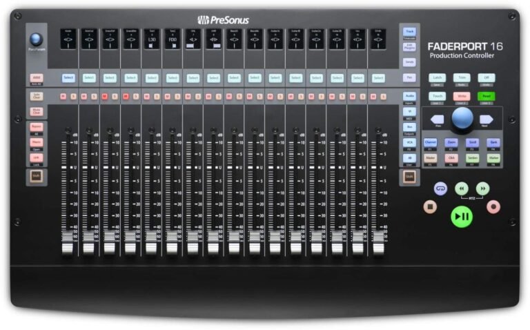Black FaderPort 16 production controller with multiple faders and buttons