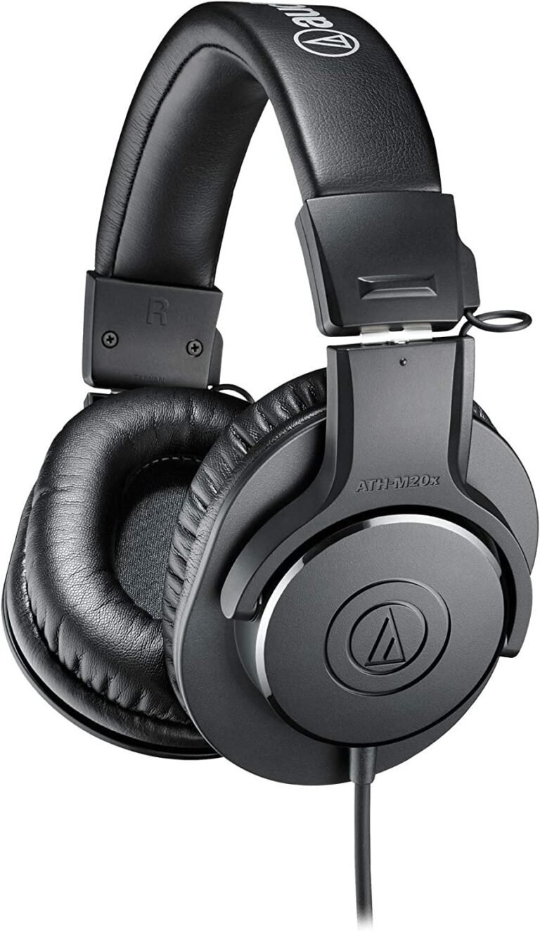Black Audio-Technica ATH-M20x headphones with a cable, close-up shot