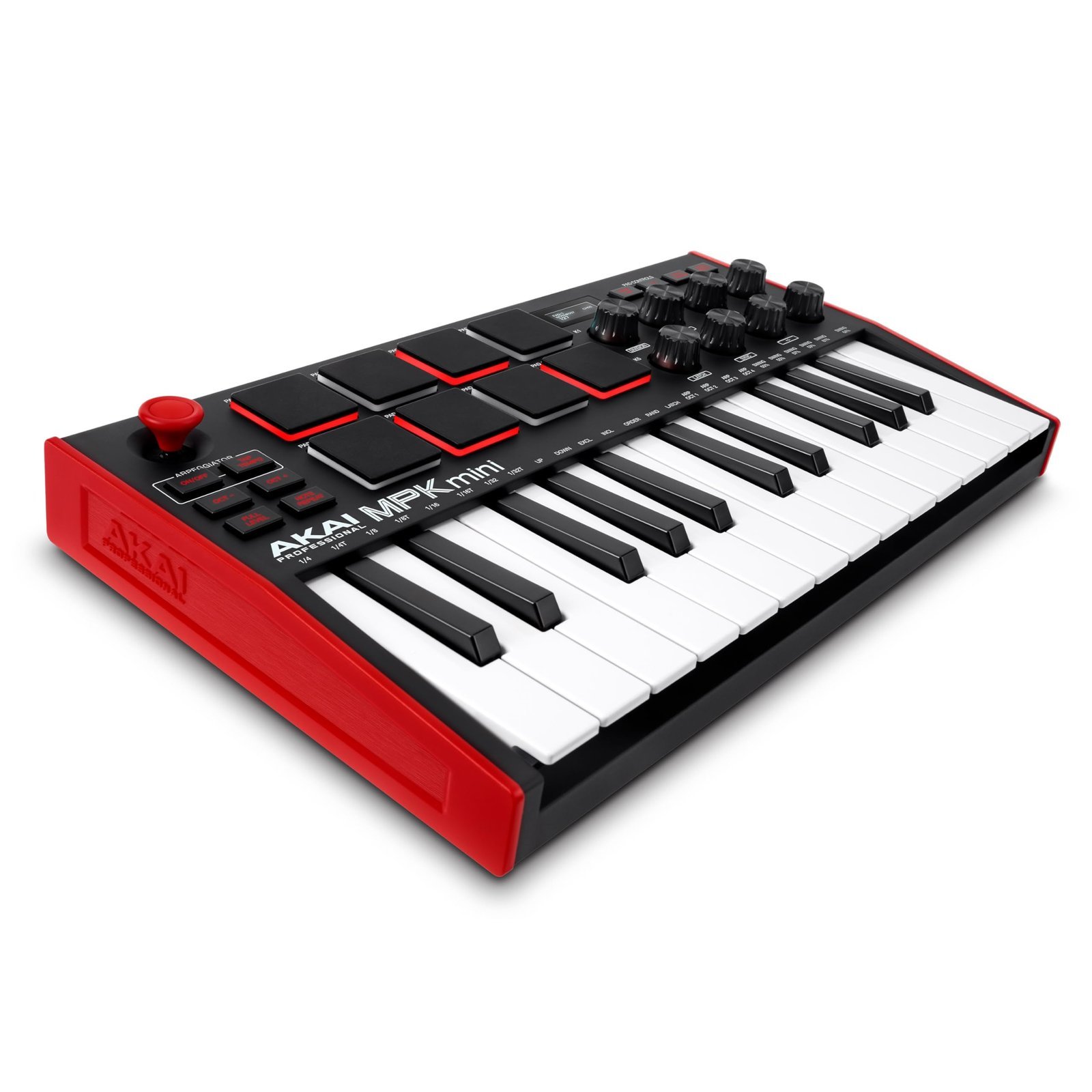AKAI MPK mini MIDI keyboard with keys, pads, knobs, and red accents