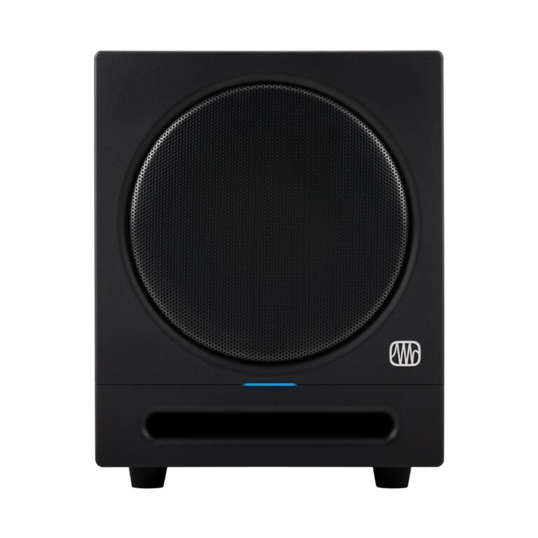 Black subwoofer with a mesh speaker, blue light, and logo