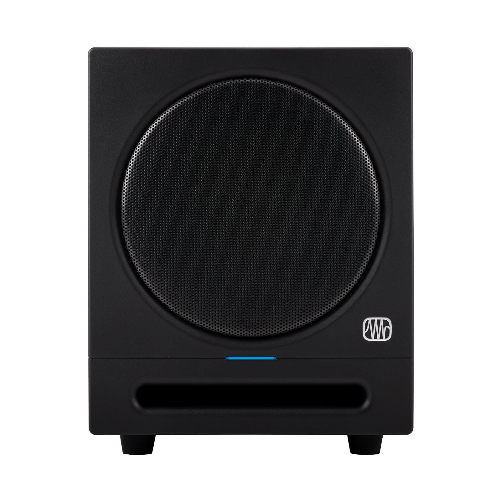 Black subwoofer with a mesh speaker, blue light, and logo