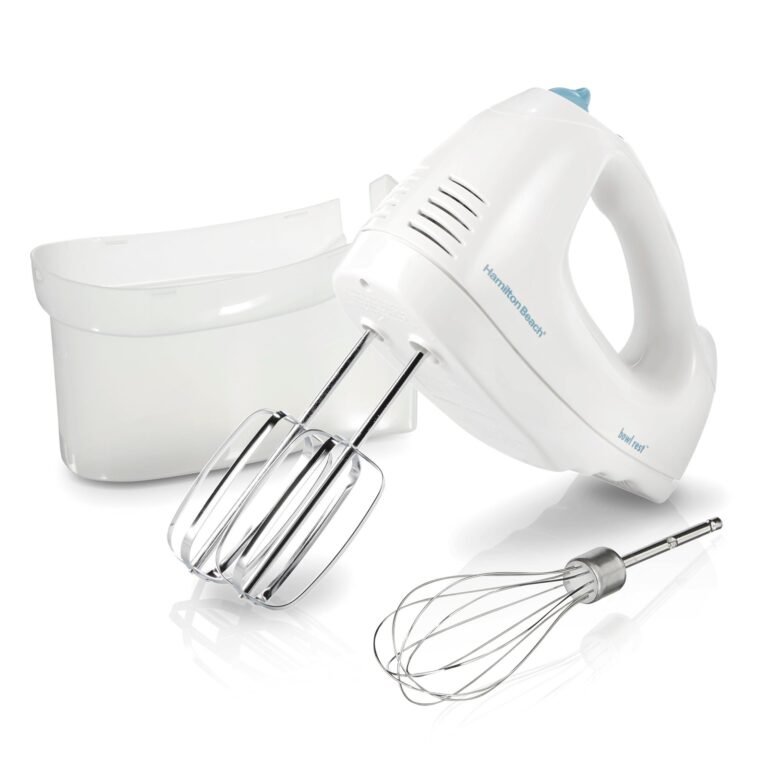 White Hamilton Beach hand mixer with attachments and storage container