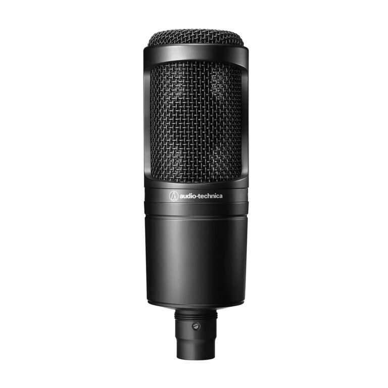 Black Audio-Technica condenser microphone with mesh head and cylindrical body