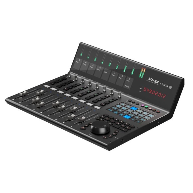 Black Icon V1-M audio mixing console with faders, buttons, and digital display