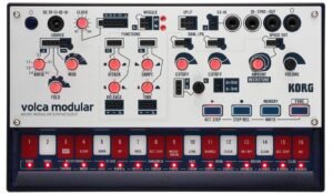 Korg Volca Modular synthesizer with knobs, buttons, and a blue and silver design