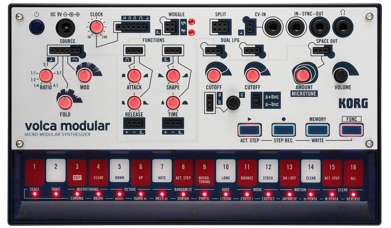 Korg Volca Modular synthesizer with knobs, buttons, and a blue and silver design