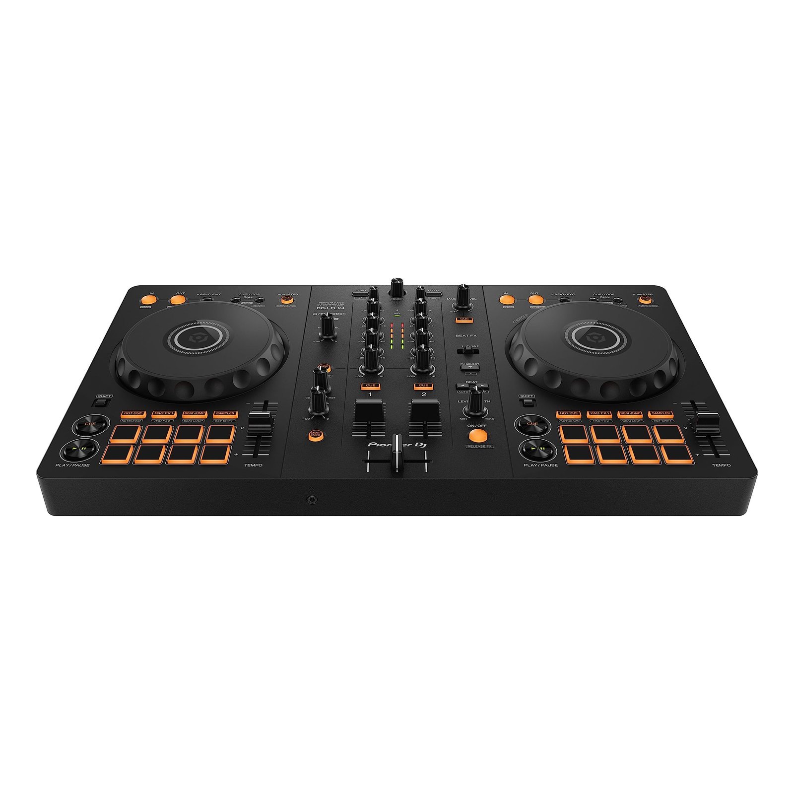 Black Pioneer DJ controller with orange accents and various knobs and buttons
