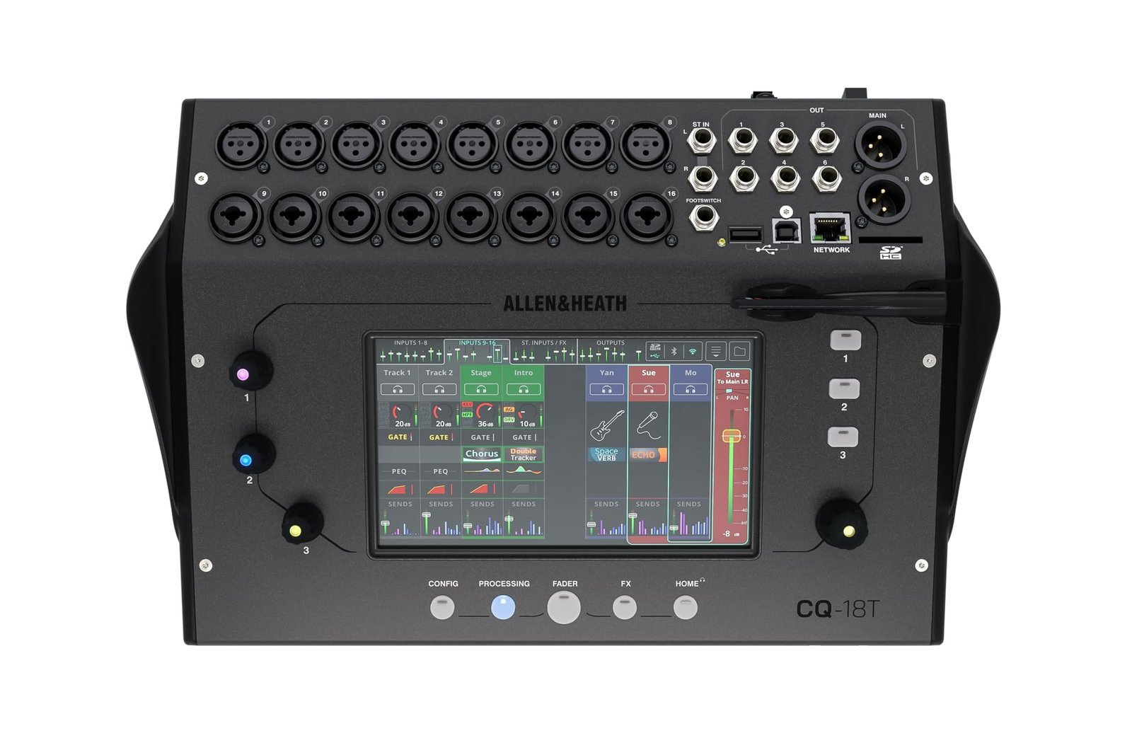 Allen & Heath CQ-18T digital mixer with touchscreen display and multiple input jacks