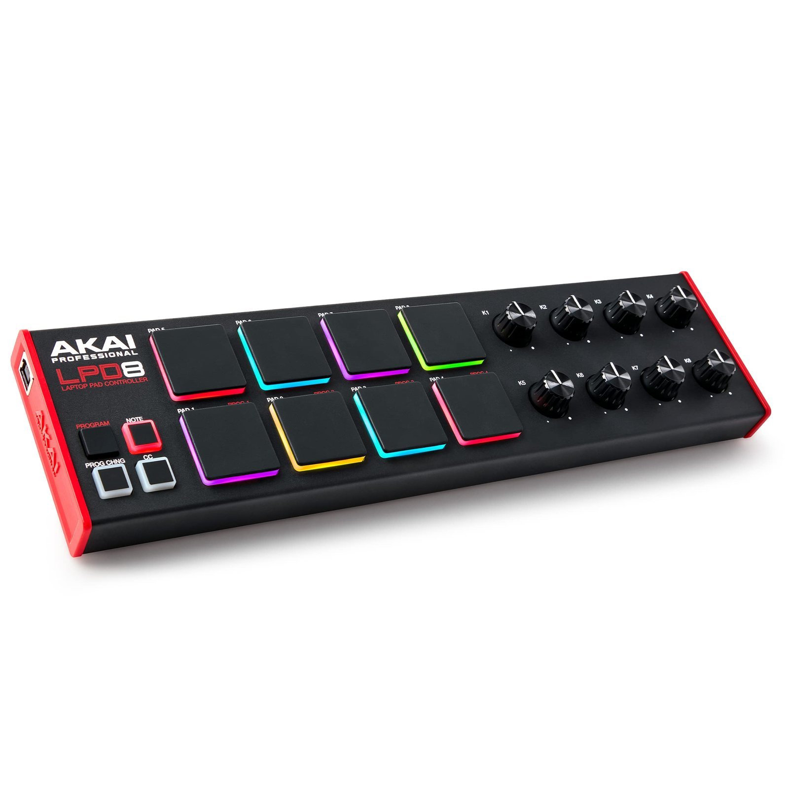 Akai LPD8 laptop pad controller with pads and knobs, black and red