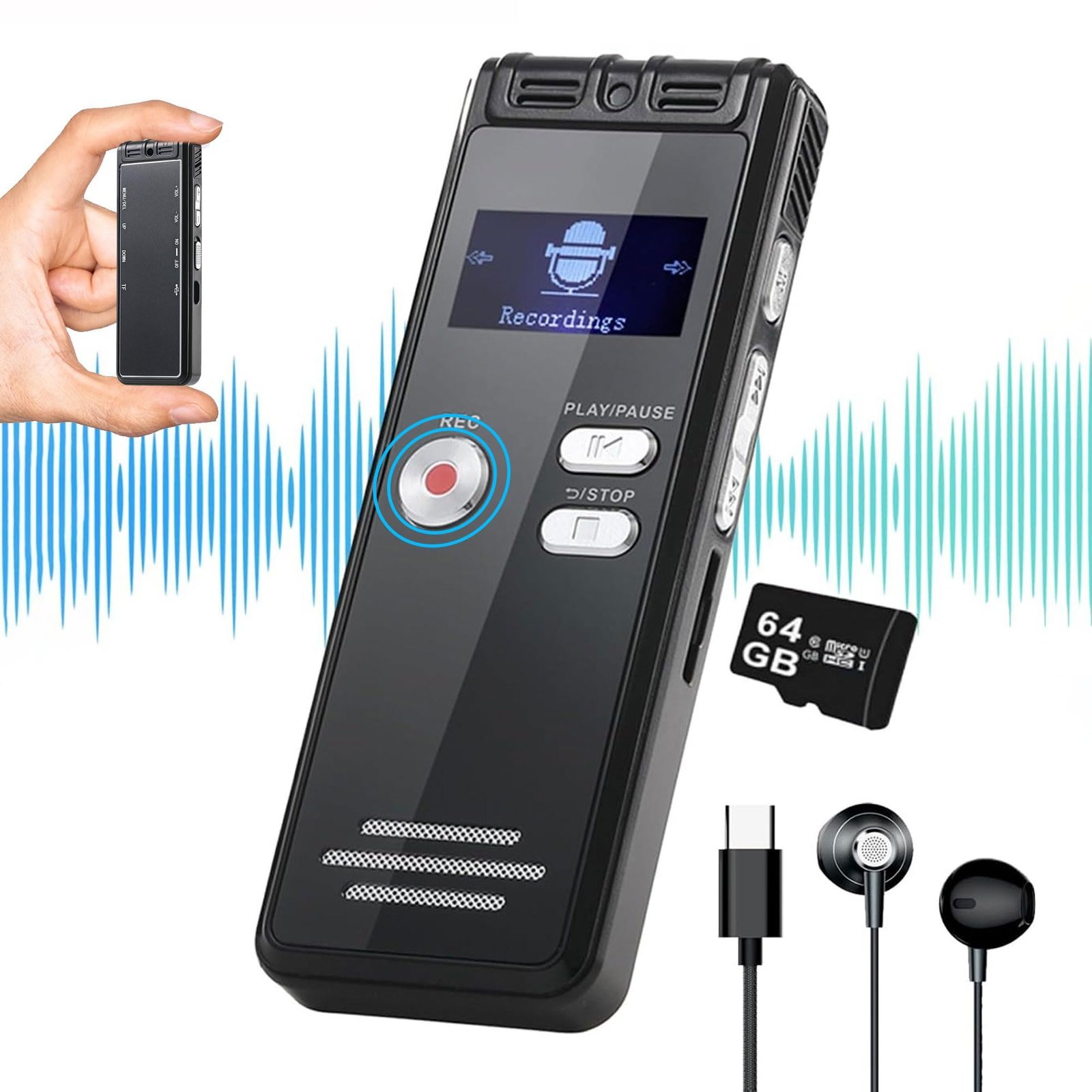 Black digital voice recorder with accessories, including earphones and a memory card