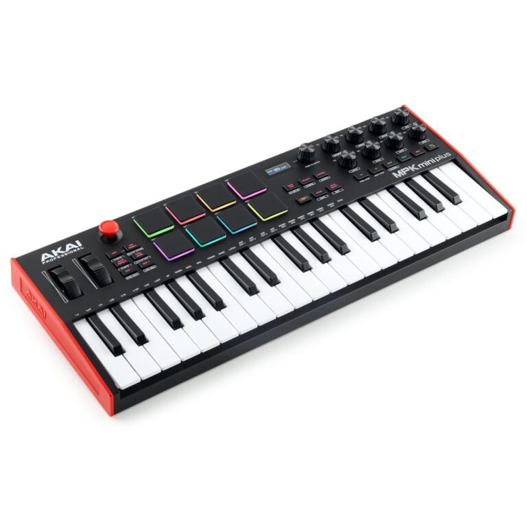 Black and red AKAI MPK miniplus MIDI keyboard with keys and pads