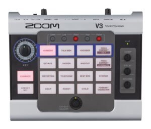Zoom V3 vocal processor with effect buttons, knobs, and key selection dial