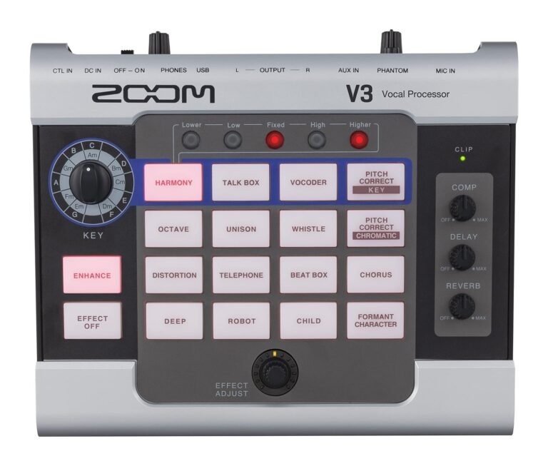 Zoom V3 vocal processor with effect buttons, knobs, and key selection dial
