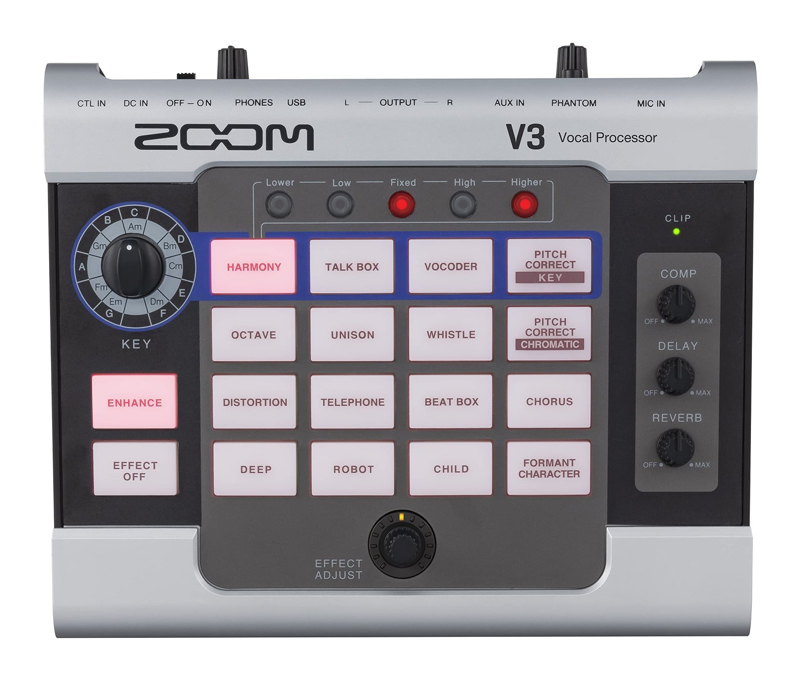 Zoom V3 vocal processor with effect buttons, knobs, and key selection dial