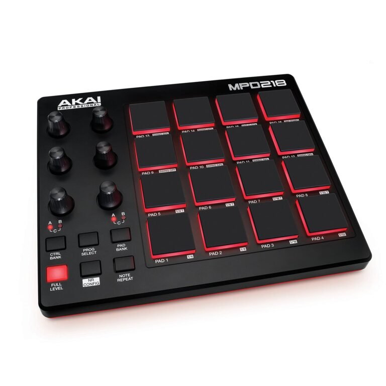 Black AKAI MPD218 MIDI controller with pads, knobs, and function buttons