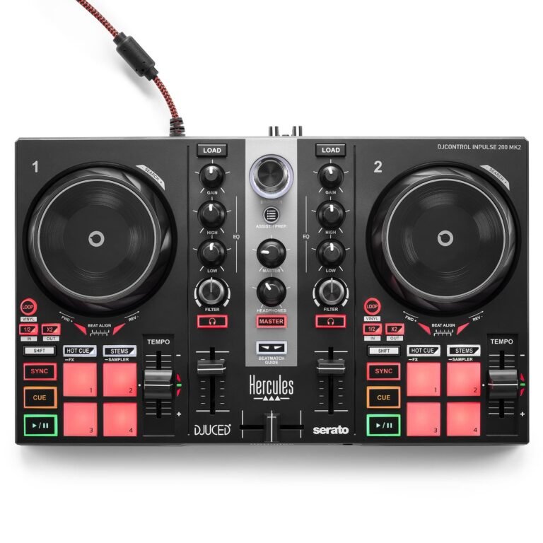 Black Hercules DJControl Impulse 200 MK2 controller with knobs, buttons, and two turntables