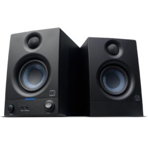 Two black studio monitor speakers with blue accents and controls