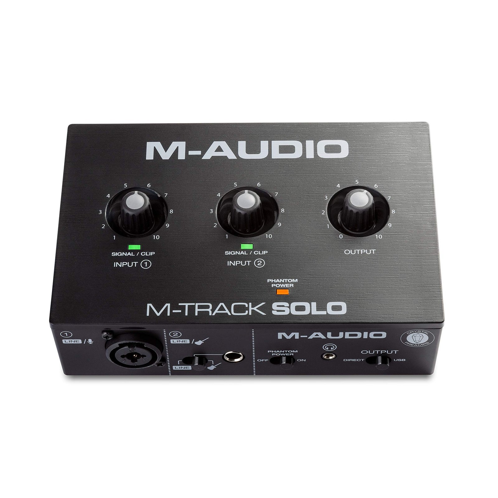 Black M-Audio M-Track Solo audio interface with knobs, inputs, and outputs