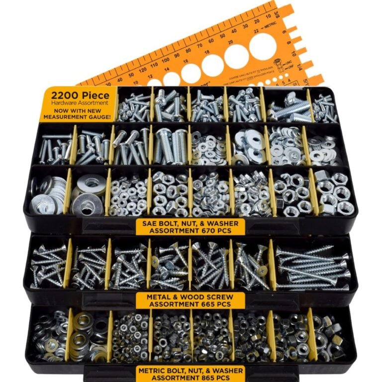 Hardware assortment kit with bolts, nuts, washers, and a measurement gauge