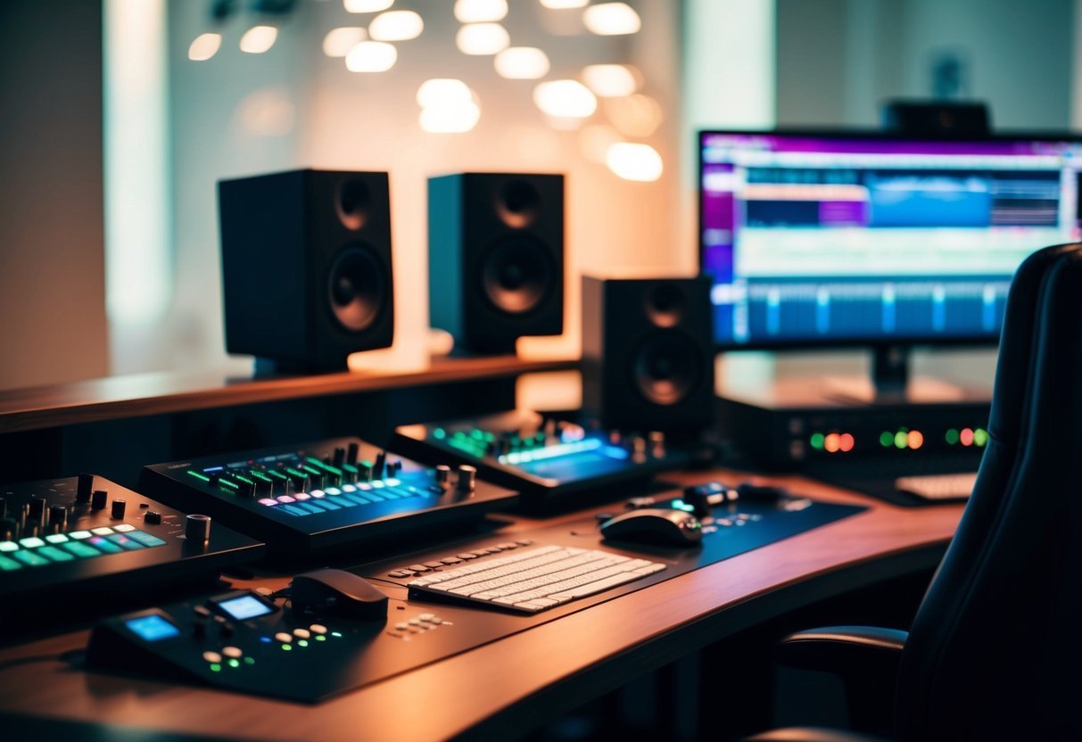Recording studio with speakers, mixing console, computer, and keyboard