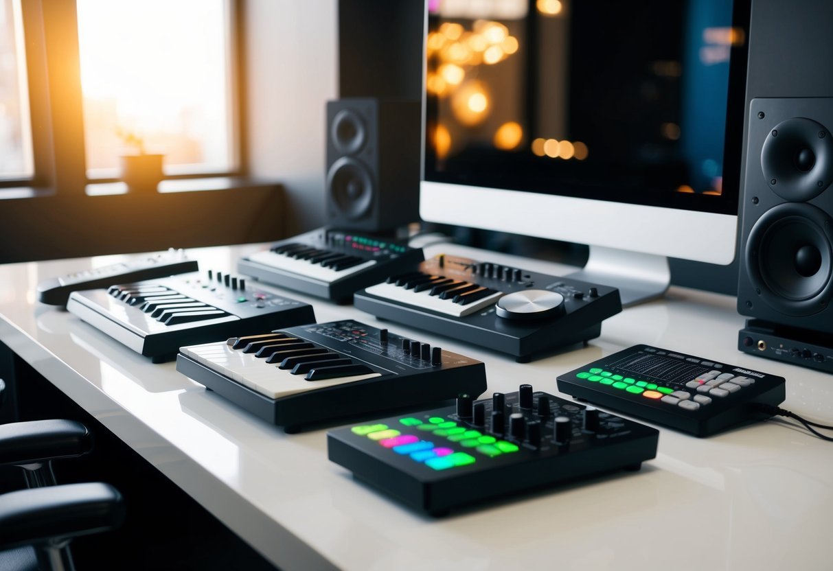 A collection of MIDI controllers arranged on a sleek, modern desk in a recording studio.</p><p>The controllers include keyboards, drum pads, and faders, all connected to a computer