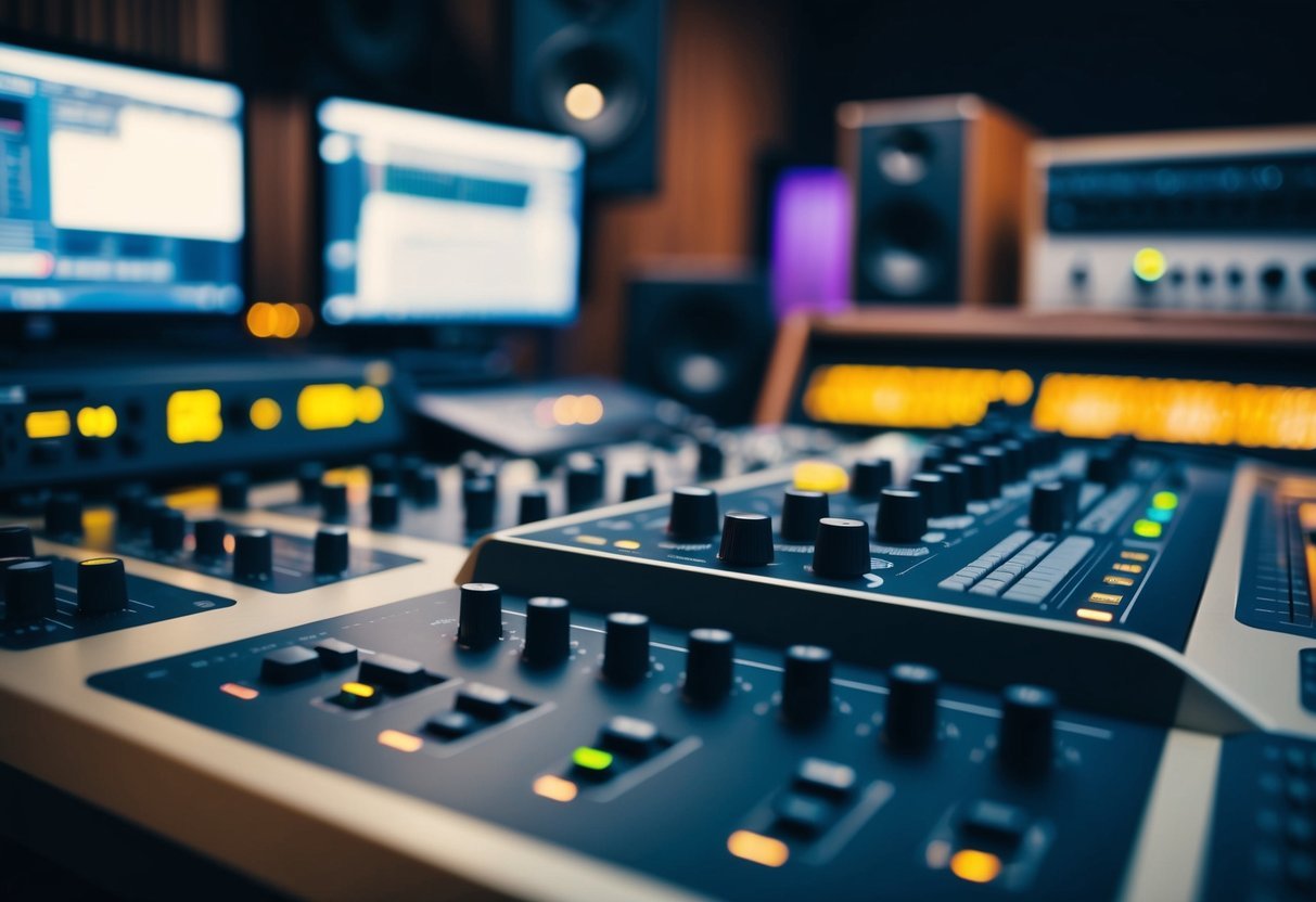A control surface with knobs, sliders, and buttons, surrounded by musical instruments and computer equipment in a recording studio
