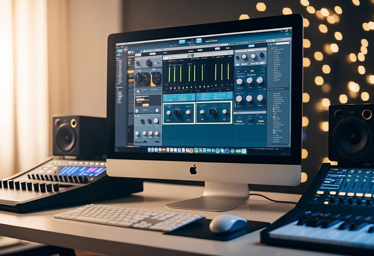 A computer screen displays a digital audio workstation with multiple software instruments and control surfaces connected for music production