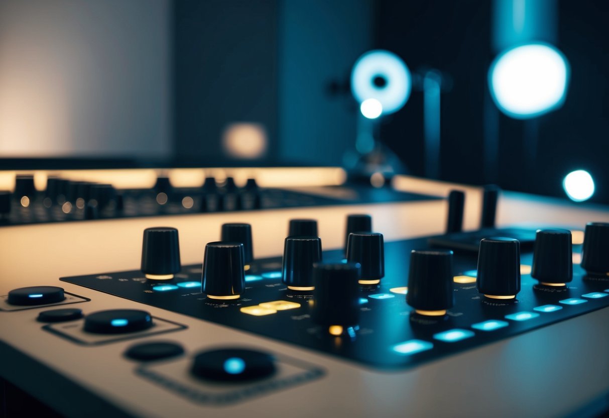 A control surface with knobs, sliders, and buttons arranged in a sleek and modern design, illuminated by soft LED lights in a dimly lit studio