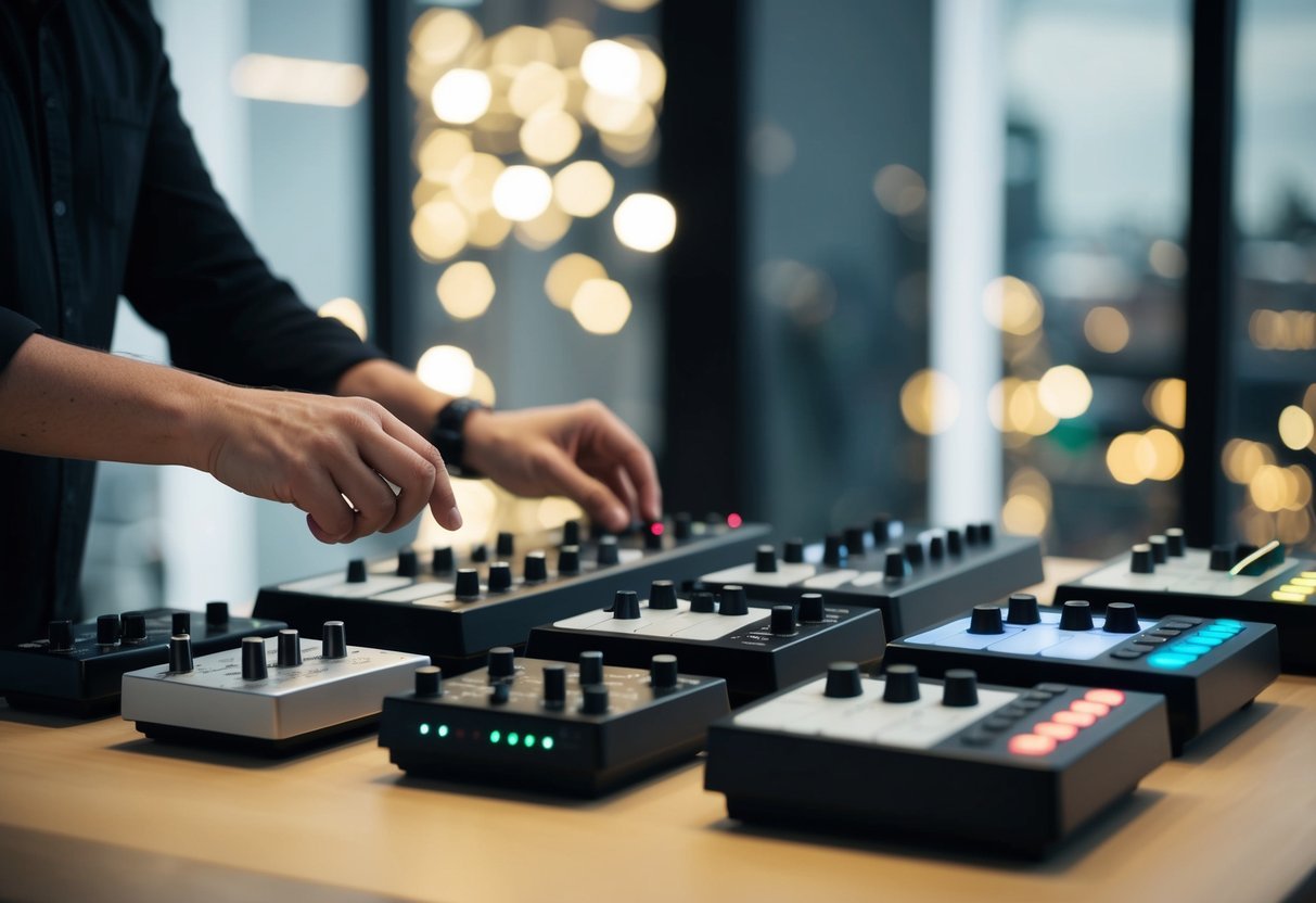 A person selecting from a variety of MIDI controllers displayed on a table, with different sizes, shapes, and features
