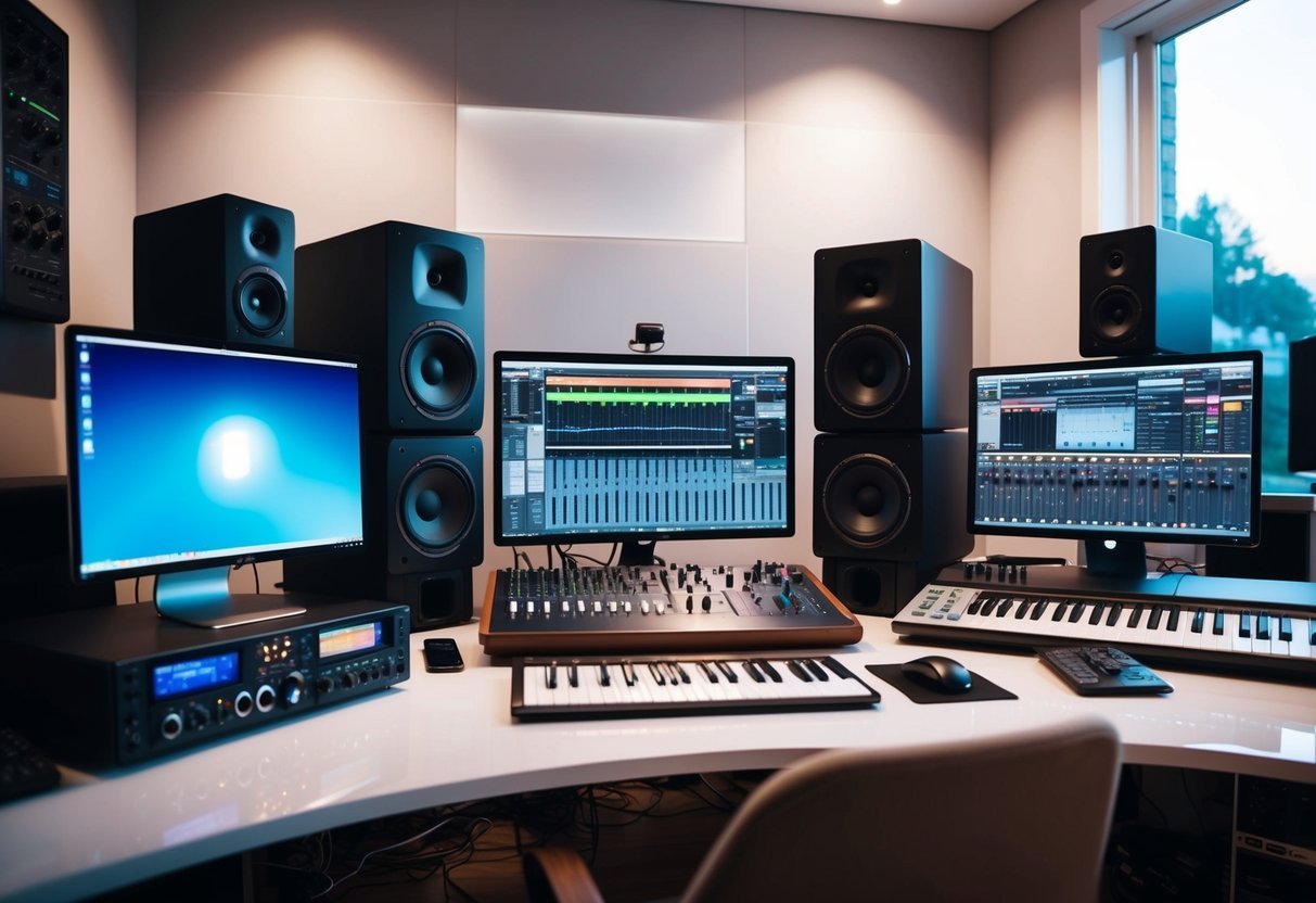 A sleek, modern studio desk with multiple control surfaces and screens, surrounded by professional audio equipment and instruments.</p><p>A cozy home setup with a computer, MIDI keyboard, and mixing console