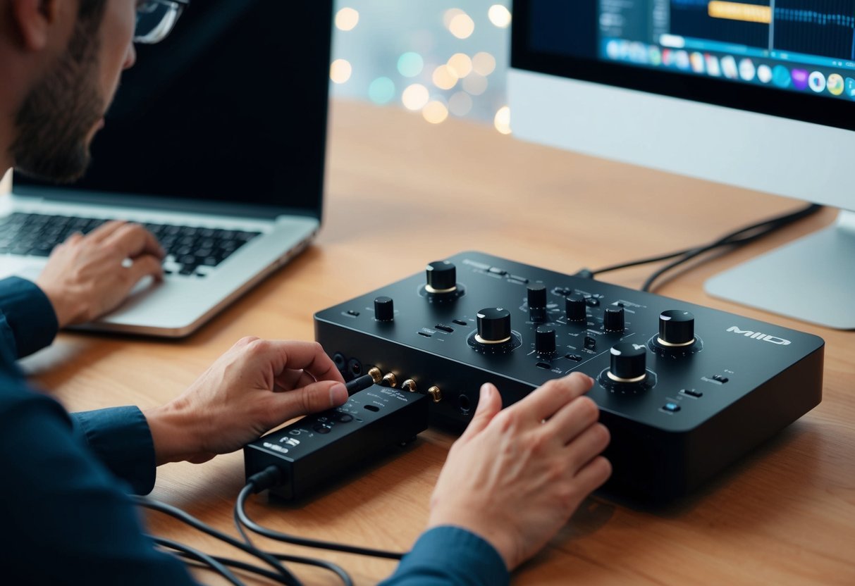 A person connects cables between a MIDI controller and a computer, adjusting knobs and sliders on the device
